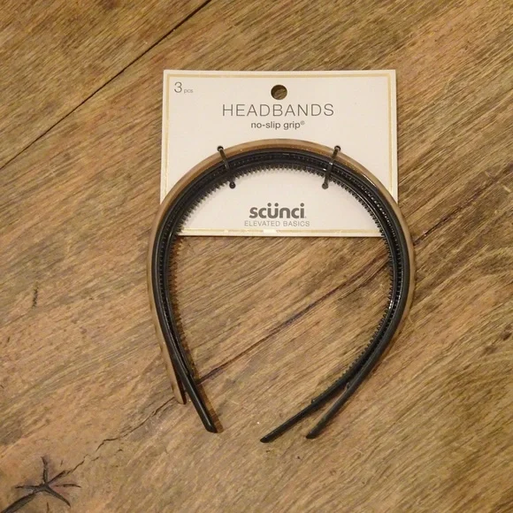 Brand New Scünci Thin Plastic Headbands No-Slip Grip Black & Brown/Tan Set of 3 - Picture 3 of 4